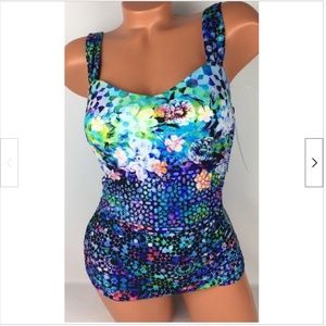 Your Profile by Gotex Floral Multi Color Swim Suit Tank Top Size 32D